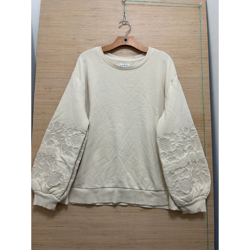 Wonderly Cream Embroidered Balloon Sleeve Crew Sweatshirt